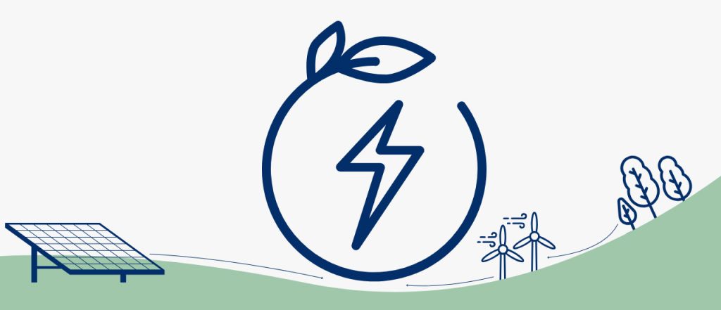 graphic of energy symbol with wind turbines, trees and solar panel on rolling green hills